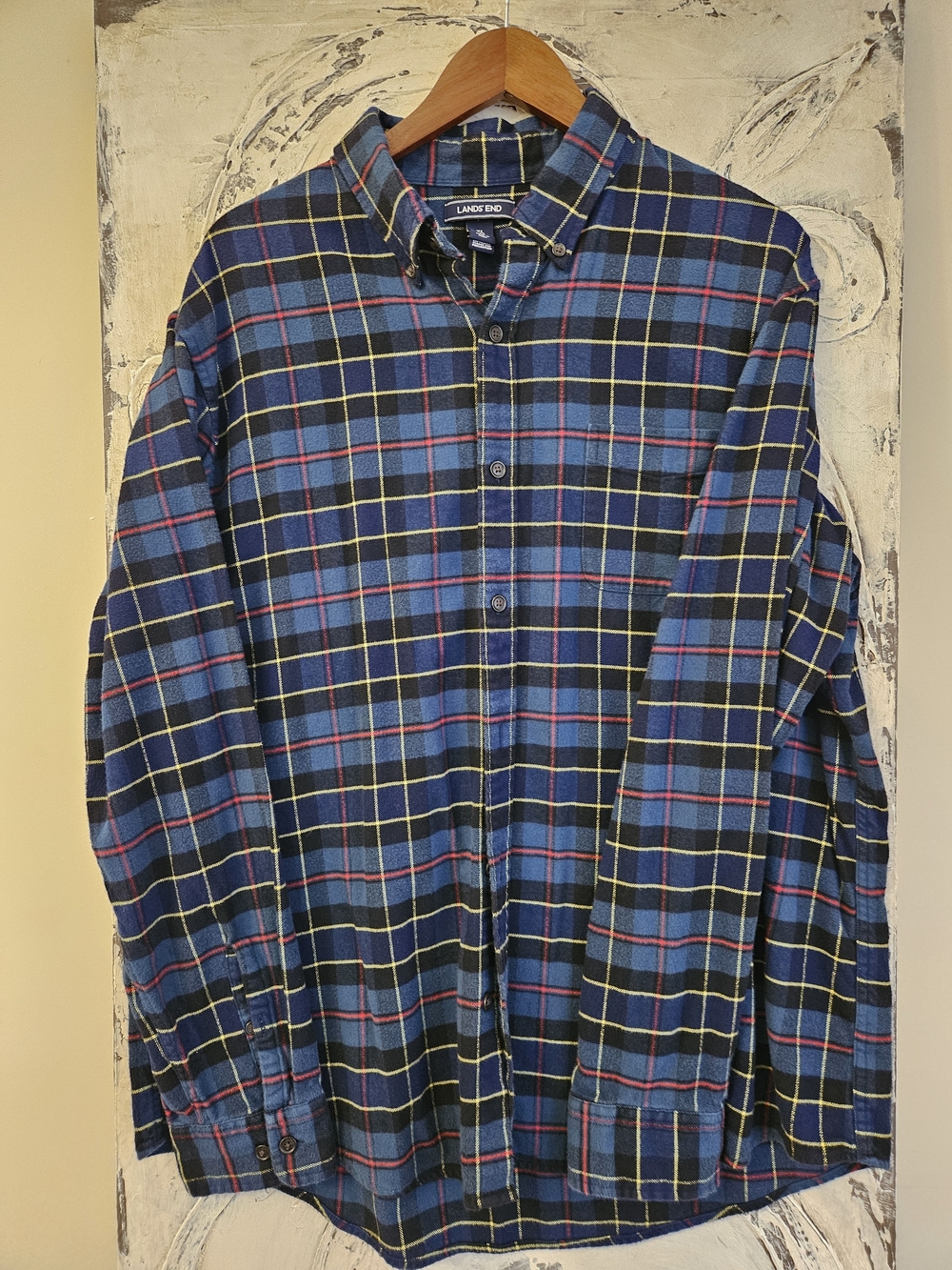 Lands' End Men's Navy and Blue Plaid Button-Down Shirt